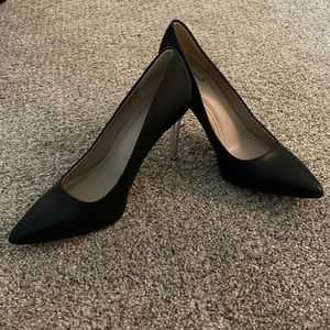 Size 8.5 Black matte faux leather pumps with acrylic/metallic heel